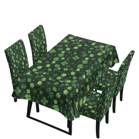 Renewold Dining Chair Covers Set of 5 Include Dining Room Table Cloth Rectangle and Parsons Chair Slipcovers for St. Patrick's Day Decor, Seat Protector Tablecloths, Green Four Leaf Clover