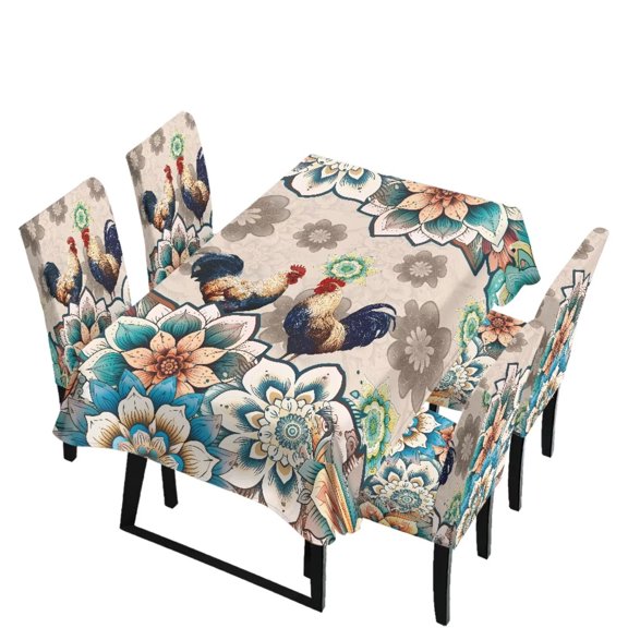 Renewold Dining Chair Covers Set of 5 Piece Includes Tablecloths Stretch Removable Kitchen Chair Slipcovers Machine Washable Rectangle Table Protector Decor, Mandala Floral Chicken Print