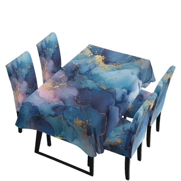Renewold Dining Chair Covers Set of 5 Pieces with Table Cloth, Rectangle Tablecloths Machine Washable Parsons Chair Slipcovers Removable Seat Protector, Blue Gold Marble