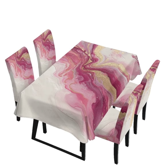 Renewold Dining Chair Covers Set of 5, Stretch Kitchen Chair Slipcovers with Rectangle Table Cloth, Removable Washable Table Cover for Dining Room Decor, Pink White Gold Marble
