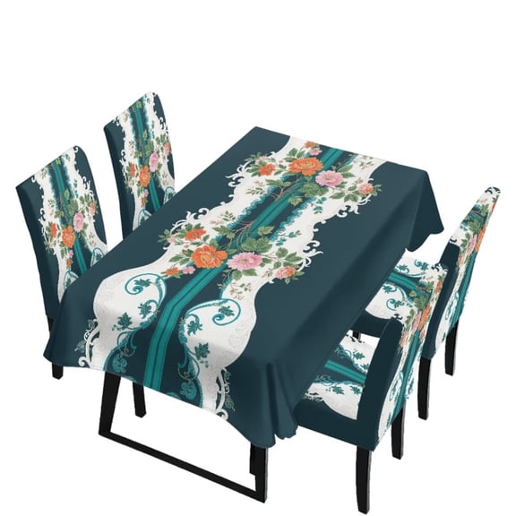 Renewold Dining Chair Seat Covers Set of 6 with Tablecloth Rectangle Table, Dust Proof Anti-wrinkle Table Cover Stretch Parsons Chair Slipcovers Seat Protector, Vintage Elegant Flower Print Teal
