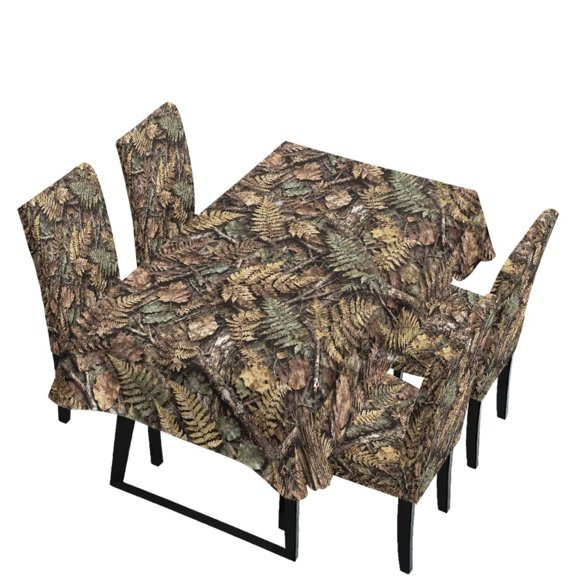 Renewold Dining Chair Slipcovers Set of 5 Pieces Includes Dining Table Cover Cloth, Rectangle Tablecloths Machine Washable Removable Parsons Chair Covers, Camo Hunting Forest Print