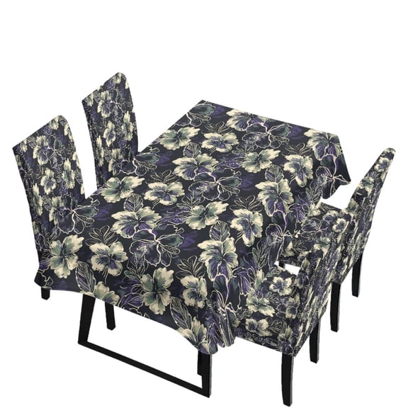 Renewold Dining Chair Slipcovers and Table Cover Set of 5 Pieces, Machine Washable Kitchen Chair Covers Rectangle Table Cloth, Removable Home Decor, Retro Flower Print Dark Black Violet