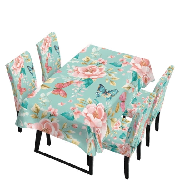Renewold Dining Room Chair Cover with Tablecloths 5 Pack, Scratch-resistant Washable Parsons Chair Slipcovers Removable Anti-wrinkle Comfy Table Cloth for Banquet, Retro Flower Butterfly