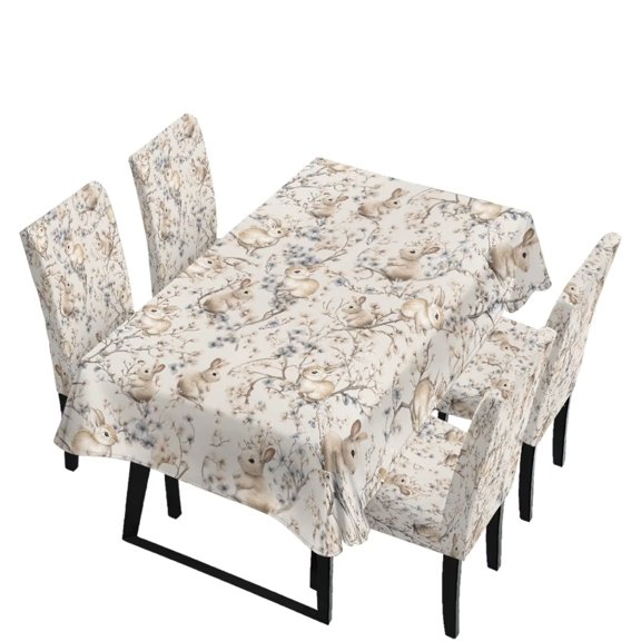Renewold Dining Tablecloth Rectangle 4 Seater and Dining Chair Covers Set, Stain Resistant Anti-wrinkle Table Cloth Anti-dust Anti-scratch Parsons Chair Covers, Pastoral Rabbit Flower Print