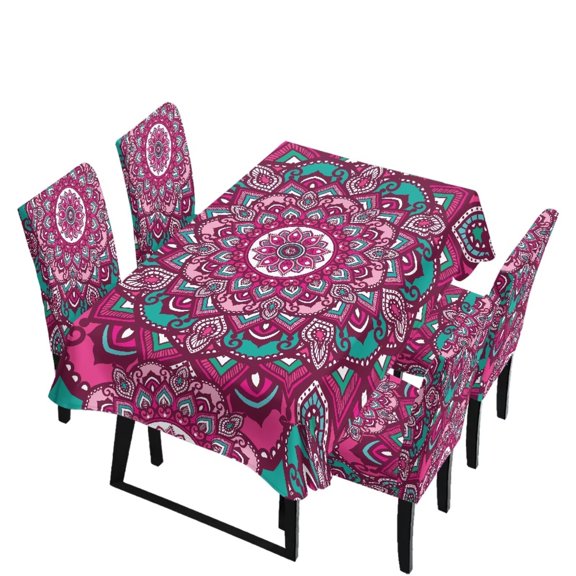 Renewold Dining Tablecloth Rectangle 4 Seater and Dining Chair Covers Set, Stain Resistant Anti-wrinkle Table Cloth Anti-dust Anti-scratch Parsons Chair Slipcovers, Pink Mandala Flower Print