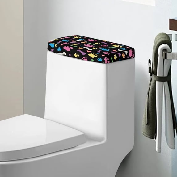Renewold Dog Paw Bone Printed Toilet Tank Lid Cover with Elastic Bottom, Star Heart Pattern Splash Resistant Cover for Toilet Tank Lid, Washable Bathroom Decor, Black