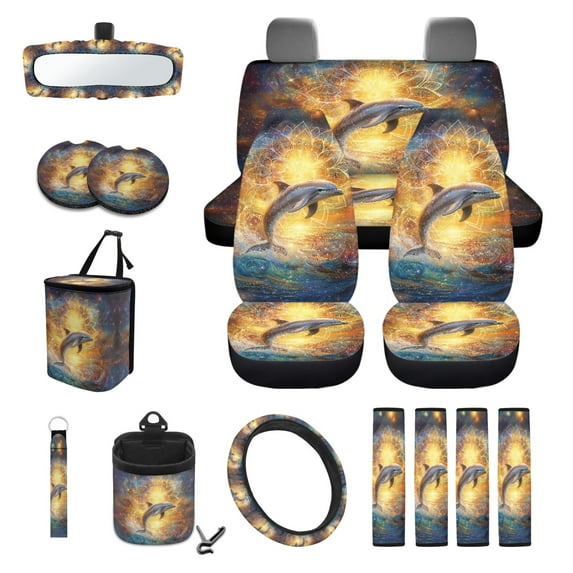 Renewold Dolphin Bohemian Flower 15 PCS Car Seat Covers Set for Men Women, Seat Protector Steering Wheel Cover Seat Belt Pads Trash Bin Sunglasses Pocket Rear View Mirror Protector Coasters Keychain