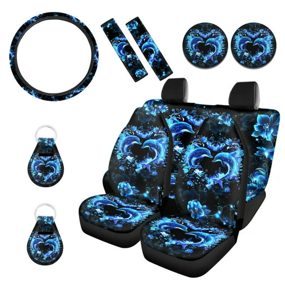 Renewold Dolphin Flower Blue 11 Pieces Car Accessories Set for Women, Non-Slip Front Rear Car Seat Covers, Steering Wheel Cover Seat Belt Pad Coasters Key Chain Universal Fit for Most Cars