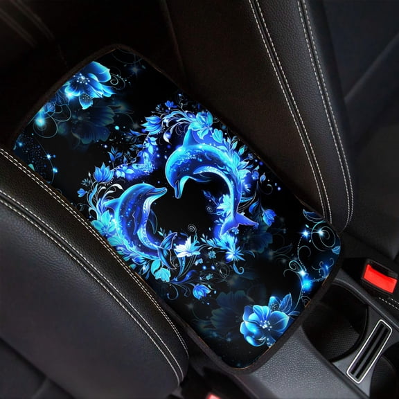 Renewold Dolphin Flower Blue Car Accessories Auto Center Console Pad Cover, Armrest Seat Box Cover Protector Universal Fit for SUV Truck Vans Sedans