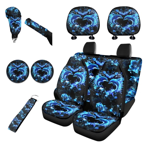 Renewold Dolphin Flower Blue Car Seat Covers Front Back Seat Covers Full Set with Keychain Headrest Cover Cup Coasters Handbrake Cover Gear Shift Cover Universal Fit Most Cars SUV Sedans
