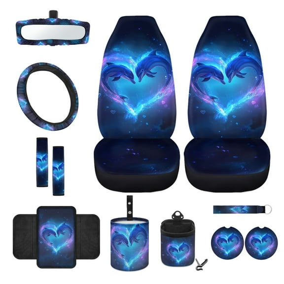 Renewold Dolphin Love 12 PCS Auto Accessories Front Car Seat Covers with Steering Wheel Cover Seat Belt Covers Armrest Pad Trash Bin Sunglass Pocket Rear View Mirror Cover Coasters Keychain