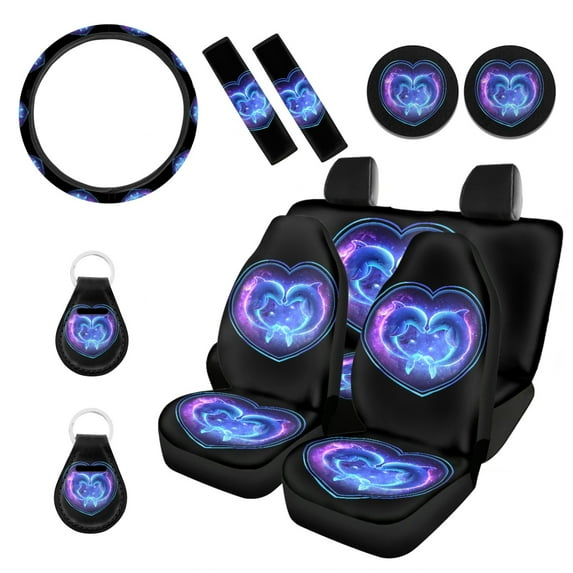 Renewold Dolphin Love Blue Violet 11 PCS Car Seat Cover Set for Men Women, Breathable Front Rear Seat Protector with Steering Wheel Cover Seat Belt Cover Cup Holder Key Ring Car Accessories Decor