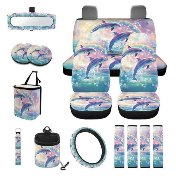 Renewold Dolphin Rainbow 15 PCS Car Seat Covers Set for Men Women, Soft Seat Protector Steering Wheel Cover Seat Belt Pads Trash Bin Sunglasses Pocket Rear View Mirror Protector Coasters Key Chain