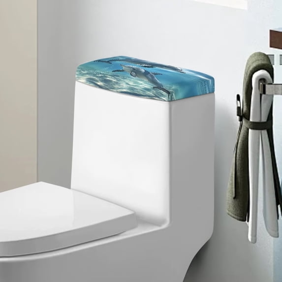 Renewold Dolphins Print Toilet Tank Lid Cover Decorative Machine-Washable Toilet Lid Covers Universal Toilets Tank Cover Replacement with Elastic Edge