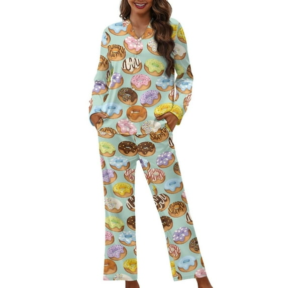 Renewold Doughnut Graphic Button Sleepwear Sets Women Loose Fitting Pajamas for Vacation Jogger 2 Packs Softness Scoop Neck Sleep Shirt Nightwear Size XL
