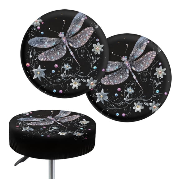 Renewold Dragonfly Floral Stretch Stool Furniture Protector Soft Round Stool Covers 14-16 Inch Elastic Bar Stool Cover Washable Slipcovers, 2 Count