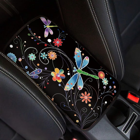 Renewold Dragonfly Flower Colorful Auto Center Console Pad for Men Car Armrest Seat Box Cover Protector Universal Fit for Most Cars