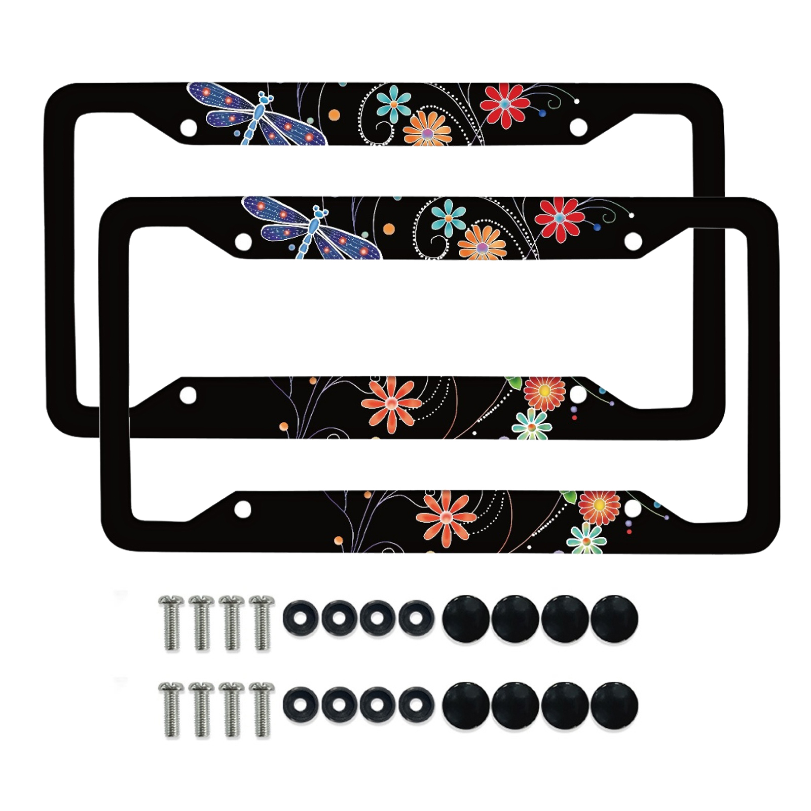 Renewold Dragonfly Flower Colorful Car License Plate Frame Auto Decorative Accessories Plate Holder with Screws, Car Accessories Applicable to Standard US License, Set of 2