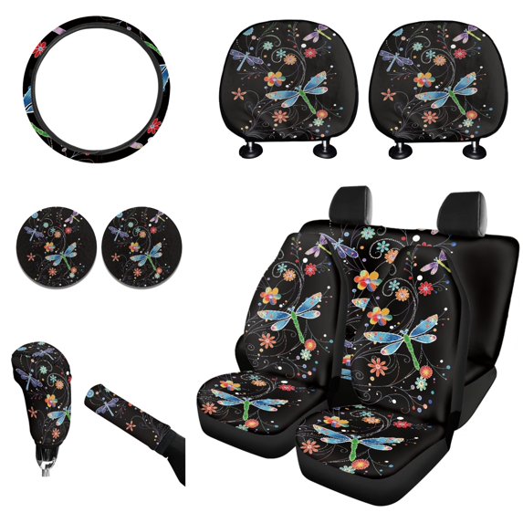 Renewold Dragonfly Flower Colorful Car Seat Cover for Front Rear Seat Full Set Car Steering Wheel Cover Car Coasters Shift Knob Handbrake Protector Headrest Cover Auto Accessories Decorations