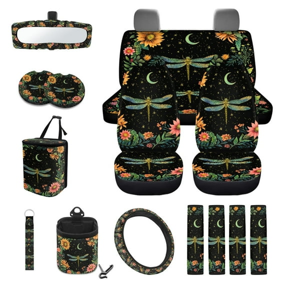 Renewold Dragonfly Moon Flower 15 PCS Car Seat Cover Full Set, with Steering Wheel Cover Seat Belt Strap Cover Trash Cans Rear View Mirror Cover Coaster Keychain Air Vent Storage Bag Universal Fit