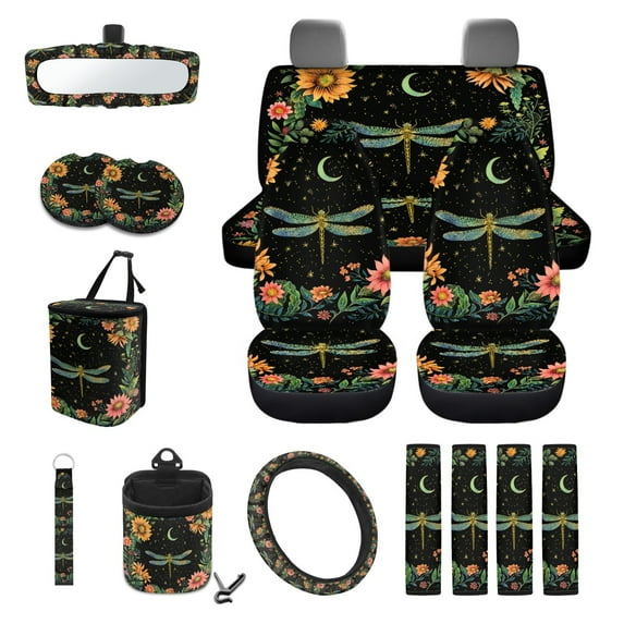 Renewold Dragonfly Moon Flower 15 PCS Car Seat Cover Full Set, with Steering Wheel Cover Seat Belt Strap Cover Trash Cans Rear View Mirror Cover Coaster Keychain Air Vent Storage Bag Universal Fit