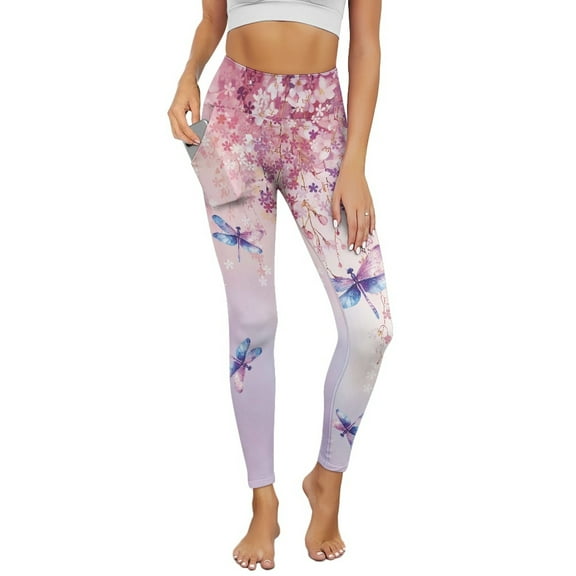 Renewold Dragonfly Peach Blossom Womens Yoga Pants with Pockets High Waisted Womens Leggings Fashion Exercise Yoga Leggings Lightweight Activewear Printed Ankle Leggings, 3XL