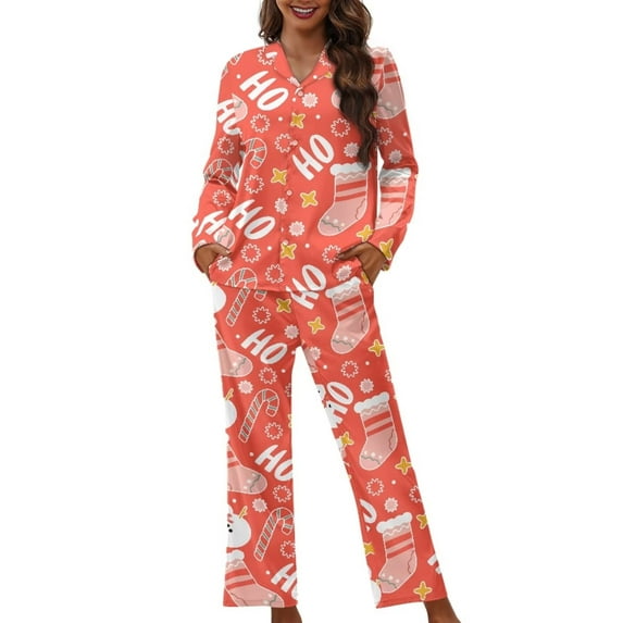 Renewold Durable Button Pajama Nightwear for Yoga Sleep Christmas Socks HO-HO-HO Scoop Neck Nightwear Tops Set of 2 Comfy Women Long Sleeve Tee Pants PJs Set Soft Shirts Sleepwear Size XL