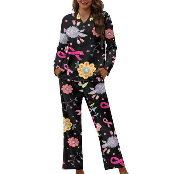 Renewold Durable Button Pajama for Women Pink Ribbon Flowers Fight Breast Cancer Print Athletic Jogger/Walking Clothing Size 3XL 2PCS Indoor Relaxed Daily Wear Lounge Set Home Sleepwear