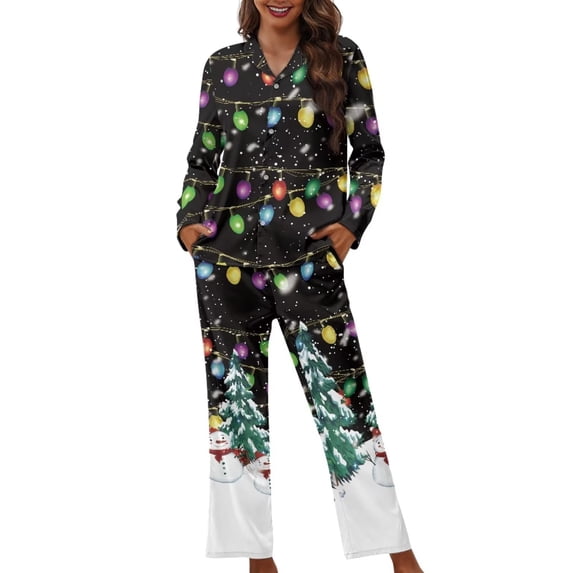 Renewold Durable Button Pajama for Women Warm Xmas Trees Colorful Lights Athletic Christmas Clothing Sleepwear Comfortable Pj Pants Bottoms Matching Set of 2,Size XL