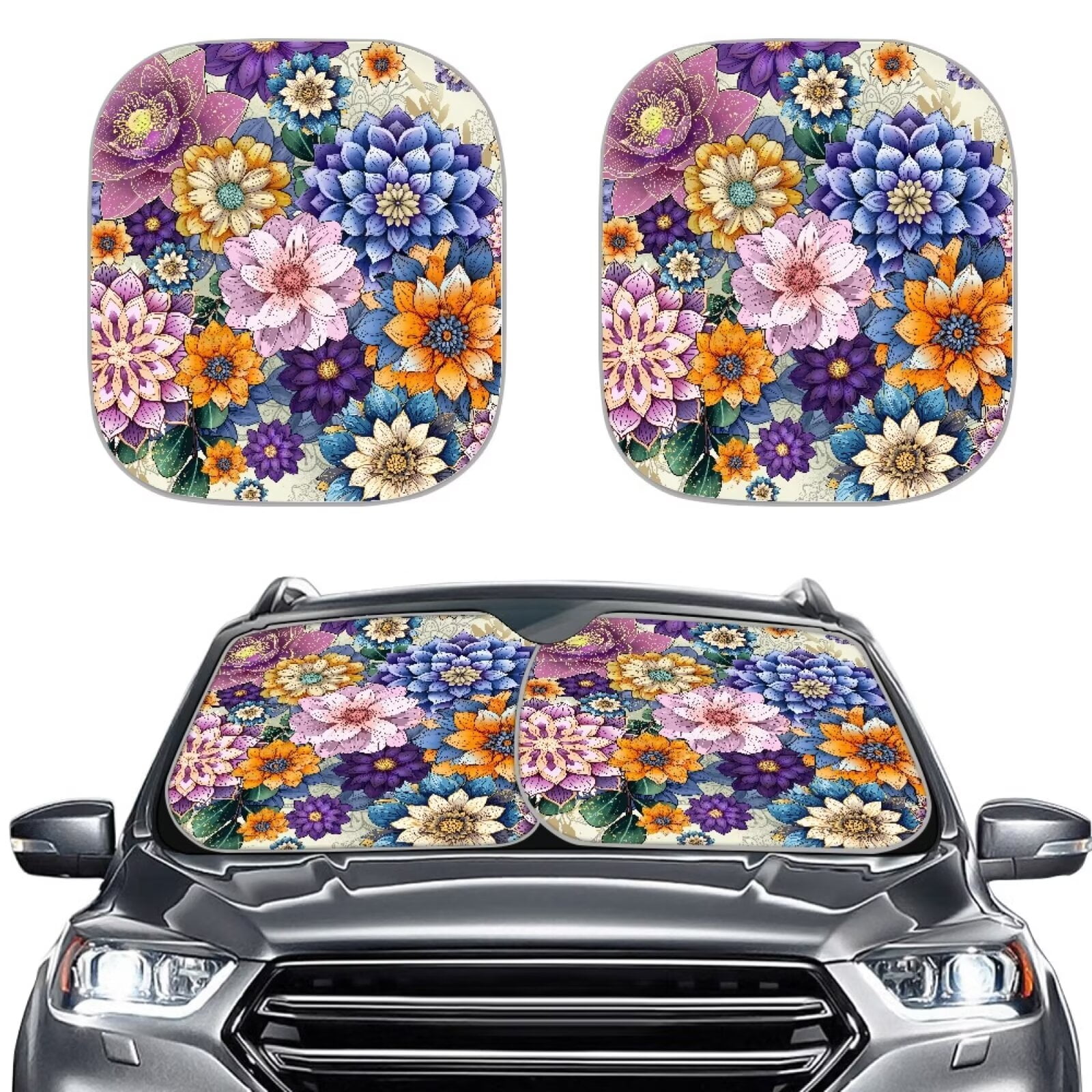 Renewold Blue Butterfly Flower Windshield Sun Shade, 2 Pack Foldable Car Front Window Sunshade Most Sedan Suv Truck Fashion Auto Blocks Visor Protecto