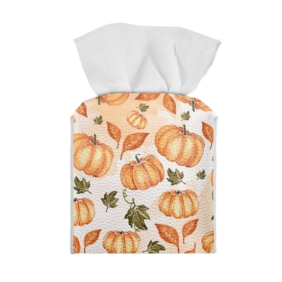 Renewold Durable Tissue Box Cover Thanksgiving Decorative Tissue Box Holder Size 5.1x5.1x5.5 Inches Fall Maple Leaves Pumpkins PU Leather Tissue Organizer for Home Office