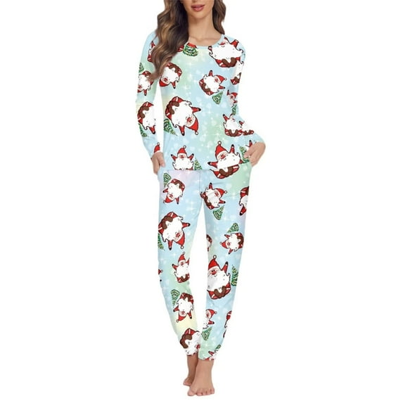Renewold Durable Women Sleepwear Size 2XL Xmas Trees Santa Pajama Long Sleeve Top & Pants Set 2 Pieces Cozy Up Multi-Season Christmas Daily Wear Nightgown for Home Life