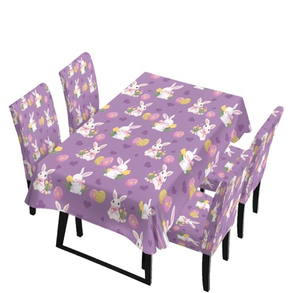 Renewold Easter Decor Seat Covers for Dining Chairs and Tablecloth Rectangle Table Set of 5, Anti-wrinkle Table Slipcover Dust-proof Chair Seat Protector, Easter Egg Bunny Heart Print