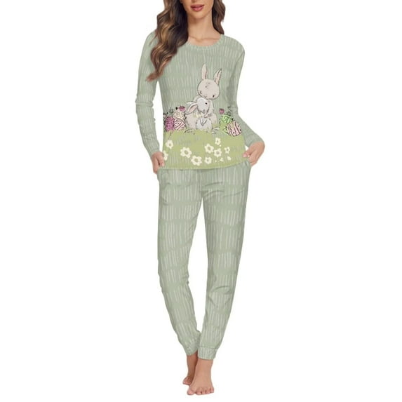 Renewold Easter Egg Flower Pajamas for Women Long Sleeve Nightwear Rabbit Pajama Athletic Clothing Size M Breathable Relaxed Indoor Outfits Sleepwear, Set of 2