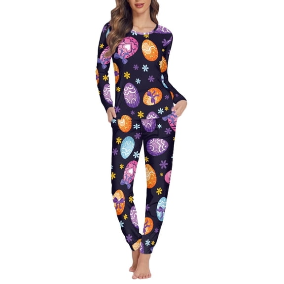 Renewold Easter Egg Flower Pj Set for Women Plus Size XL 2pcs Casual Breathable Sleepwear Round Neck Spring Holiday Daily Wear Soft Purple Pajama Nightwear for Walking Jogger