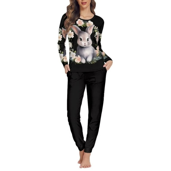 Renewold Easter Pajamas for Women Set Long Sleeve Rabbit Flowers Athletic Clothing Loungewear Size 6XL 2 Pieces Thermal Long Sleeve Shirt & Pants for Jogger Sleep Vacation