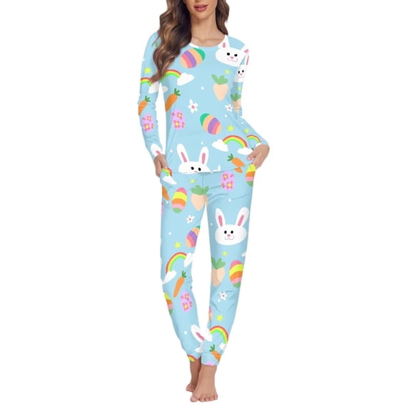 Renewold Easter Theme Women's Blue Pajama Set Size 5XL 2 PCS Rabbit Rainbow Nightwear Cozy Snug-Fit Long Sleeve Pajamas Tops and Pants Casual Daily Life Loungewear