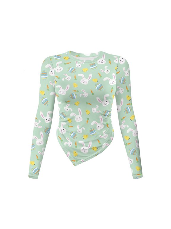 Easter Top for Women Slim Fit Ruched Shirt Crewneck Long Sleeve Tops Soft Fashion Shirt Women Lightweight Clothes for Party Holiday, Easter Bunny Egg Carrot Chicken Print Green, M