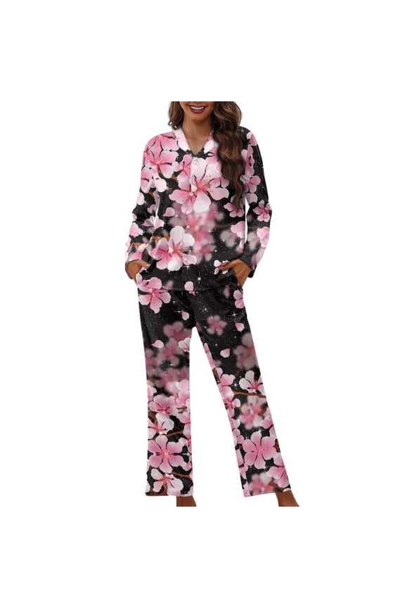 Elastic Plum Blossom Pajama Top Pants Bottom Set of 2 Stylish Thermal Sleep Loungewear for Women Lightweight Long Sleeve Scoop Neck Casual Nightwear Size 4XL
