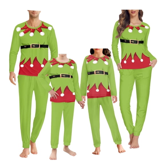 Renewold Elf Graphic Family Christmas Pajamas Matching Sets Long Sleeve Nightwear Pjs Pants Bottoms with Big Pocket 2pcs Soft Women Scoop Neck Jammies Size 6XL