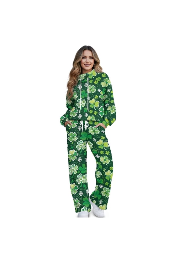 Fall Lounge Sets Petite for Women Drawstring Mockneck Sweatshirts High Waisted Straight Leg Pants 2 Piece Outfits Loose Trendy Holiday Outfits, Green Clover Print, XS