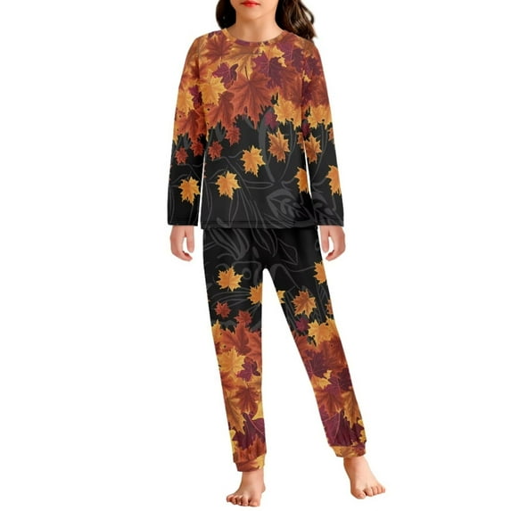 Renewold Fall Maple Leaves Pajamas for Girls Boys Thanksgiving Pjs Top Set 2 Pieces Round Neck Nightwear Loungewear Softness Loose Fit Outfits Tops Size 7-8