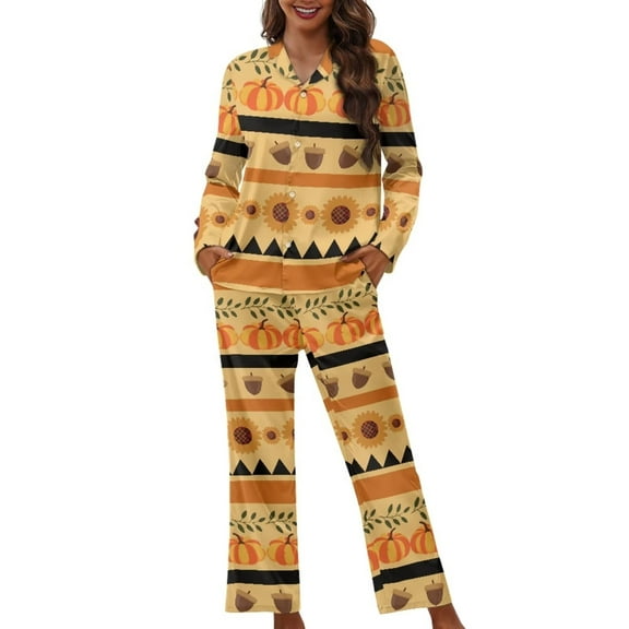 Renewold Fall Pumpkins Sunflowers Pajama 2 PCS Skin Friendly Button Sleepwear Long Pants Set Women Thanksgiving Relaxed Scoop Neck Shirt Breathable Home Life Loungewear Size XS