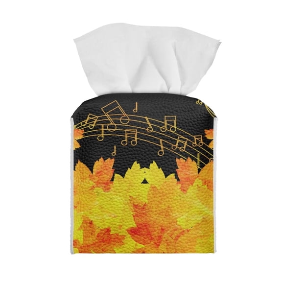 Renewold Fall Tissue Paper Cover Home Office Foldable Square Tissue Case Music Notes Maple Leaves Thanksgiving Decorative Holder PU Leather Facial Tissue Box