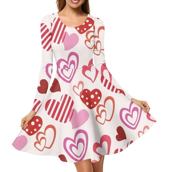 Renewold Fall Winter Special Festival Adorable Dress Valentine's Day Gifts Heart Graphic Long Sleeve Crew Neck T-Shirt Dress Size 3XL Women Fit A Line Dress