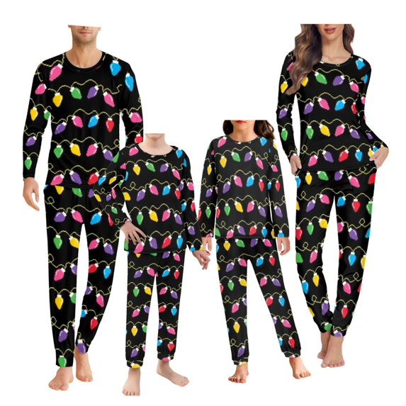 Renewold Family Matching Christmas Holiday Pajama Sets Colorful Lights Nightwear Lounge Set for Women Size XS 2 PCS Breathable Athletic Vacation Clothing Sleepwear