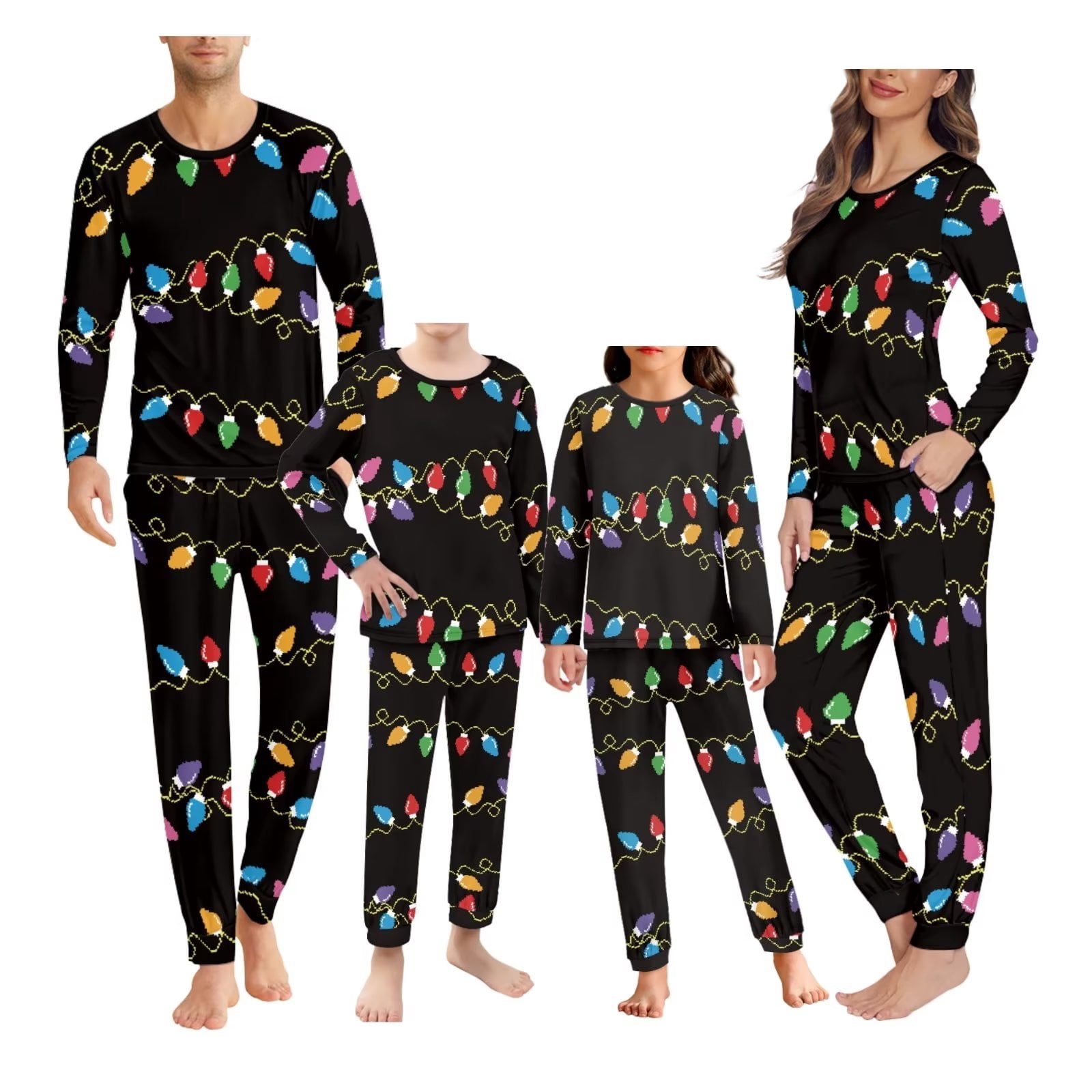 Renewold Family Pajamas Christmas Lights Tracksuit Shirt Pants with Pockets 2 Pieces Softness Long Sleeve Pullover Tops Size 3XL Men Jogger Yoga Sweatsuit Vacation Holiday Gifts