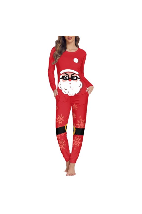 Fashion Adult Long Sleeve Pajamas Women Snug-Fit Crew Neck Shirt Loungewear Pullover Tops and Pants 2 Pieces Christmas Santa Indoor Sleepwear Soft Pj Sets,Size 4XL