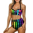 thumbnail image 1 of Renewold Fashion Lace up Swimsuit for Women Tummy Control Halter Neck Top Bikini Set Size 2XL Colorful American Flag Hearts High Waisted Swimming Suits with Bottom, 2 Pieces, 1 of 6